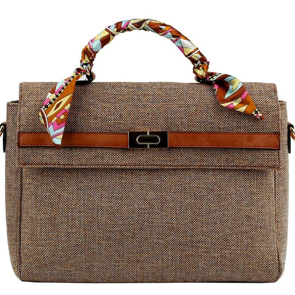 Linen Scarf Handle Satchel in Brown - Picture 1 of 5